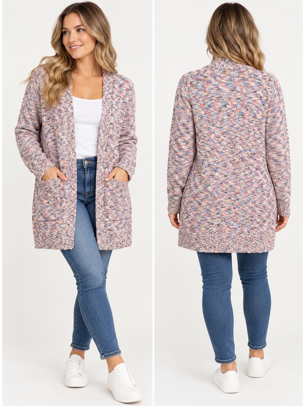 L.L.Bean Cotton Ragg Cardigan M Space Dye Longline Open Front Coastal Preppy